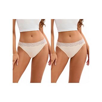 2 Packs Women's Hi-Cut Lace Trim Mid-Waisted Briefs Full Coverage Hipsters Underwear
