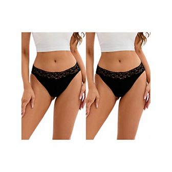 2 Packs Women's Hi-Cut Lace Trim Mid-Waisted Briefs Full Coverage Hipsters Underwear