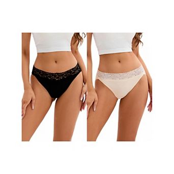 2 Packs Women's Hi-Cut Lace Trim Mid-Waisted Briefs Full Coverage Hipsters Underwear