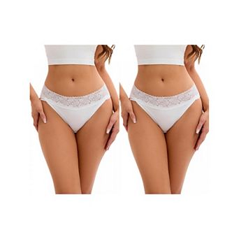 2 Packs Women's Hi-Cut Lace Trim Mid-Waisted Briefs Full Coverage Hipsters Underwear