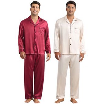 Satin Pajamas for Men's 2 Sets Homewear Button Down Long Sleeve Shirt and Bottom Loungewear