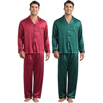 Satin Pajamas for Men's 2 Sets Homewear Button Down Long Sleeve Shirt and Bottom Loungewear