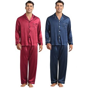 Satin Pajamas for Men's 2 Sets Homewear Button Down Long Sleeve Shirt and Bottom Loungewear