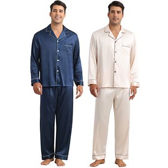 Satin Pajamas for Men's 2 Sets Homewear Button Down Long Sleeve Shirt and Bottom Loungewear