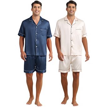 Satin Pajamas for Men's Short Sleeve Sleepwear Loungewear Shirts and Shorts 2 Sets
