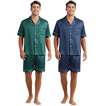 Satin Pajamas for Men's Short Sleeve Sleepwear Loungewear Shirts and Shorts 2 Sets