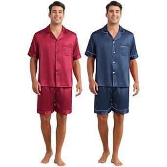 Satin Pajamas for Men's Short Sleeve Sleepwear Loungewear Shirts and Shorts 2 Sets