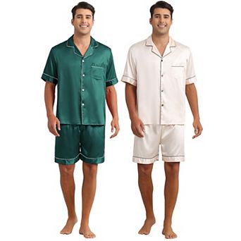 Satin Pajamas for Men's Short Sleeve Sleepwear Loungewear Shirts and Shorts 2 Sets