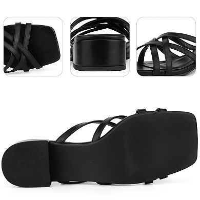 Strappy Heels Square Open Toe Slip on Slides Mules Block Heels Sandals for Women