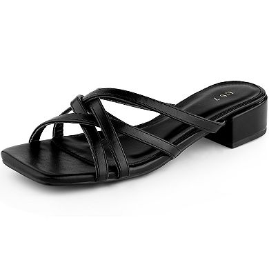 Strappy Heels Square Open Toe Slip on Slides Mules Block Heels Sandals for Women