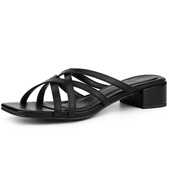 Strappy Heels Square Open Toe Slip on Slides Mules Block Heels Sandals for Women