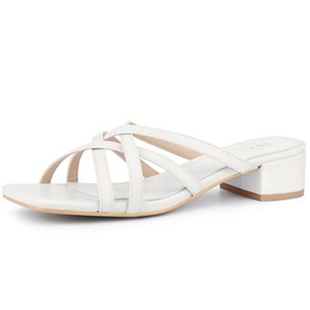 Strappy Heels Square Open Toe Slip on Slides Mules Block Heels Sandals for Women