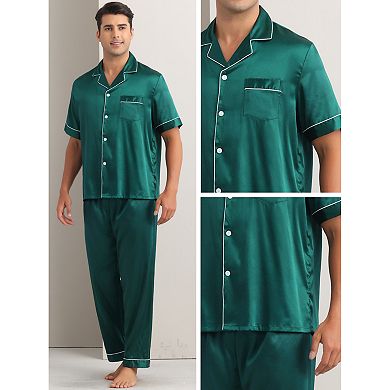 2 Sets Men's Sleepwear Button Down Short Sleeve Shirts and Pants Satin Pajamas Casual Loungewear