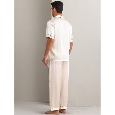 2 Sets Men's Sleepwear Button Down Short Sleeve Shirts and Pants Satin Pajamas Casual Loungewear