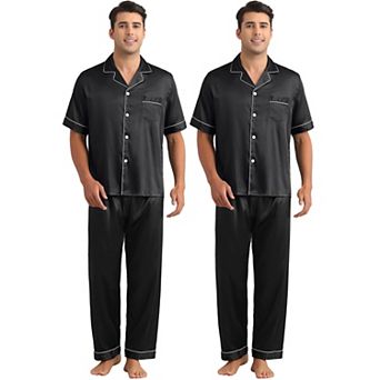 2 Sets Men's Sleepwear Button Down Short Sleeve Shirts and Pants Satin Pajamas Casual Loungewear