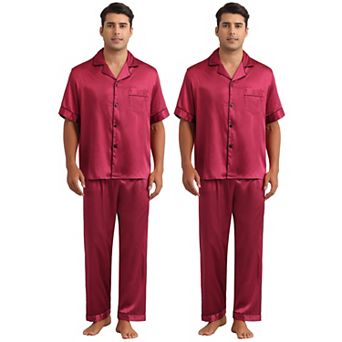 2 Sets Men's Sleepwear Button Down Short Sleeve Shirts and Pants Satin Pajamas Casual Loungewear