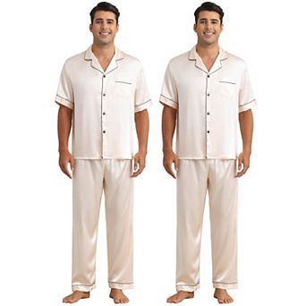 2 Sets Men's Sleepwear Button Down Short Sleeve Shirts and Pants Satin Pajamas Casual Loungewear