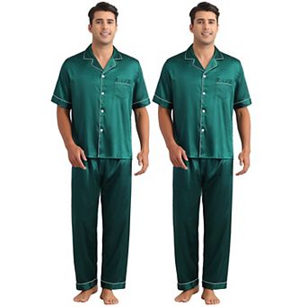 2 Sets Men's Sleepwear Button Down Short Sleeve Shirts and Pants Satin Pajamas Casual Loungewear