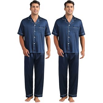 2 Sets Men's Sleepwear Button Down Short Sleeve Shirts and Pants Satin Pajamas Casual Loungewear