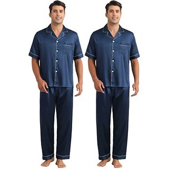 2 Sets Men's Sleepwear Button Down Short Sleeve Shirts and Pants Satin Pajamas Casual Loungewear