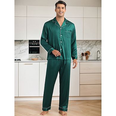 Men's Homewear Button Down Long Sleeve Shirt and Bottom Satin Pajamas 2 Sets