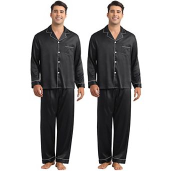 Men's Homewear Button Down Long Sleeve Shirt and Bottom Satin Pajamas 2 Sets