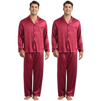 Men's Homewear Button Down Long Sleeve Shirt and Bottom Satin Pajamas 2 Sets