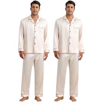 Men's Homewear Button Down Long Sleeve Shirt and Bottom Satin Pajamas 2 Sets