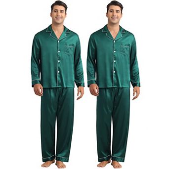Men's Homewear Button Down Long Sleeve Shirt and Bottom Satin Pajamas 2 Sets