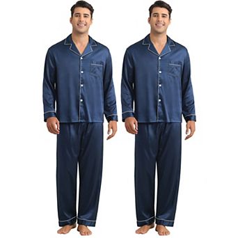Men's Homewear Button Down Long Sleeve Shirt and Bottom Satin Pajamas 2 Sets