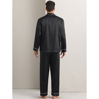 2 Sets Men's Homewear Button Down Long Sleeve Shirt and Bottom Loungewear Satin Pajamas