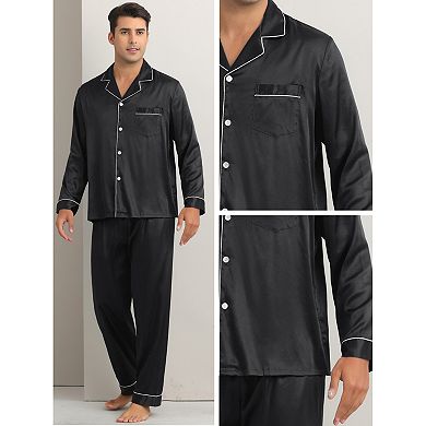 2 Sets Men's Homewear Button Down Long Sleeve Shirt and Bottom Loungewear Satin Pajamas