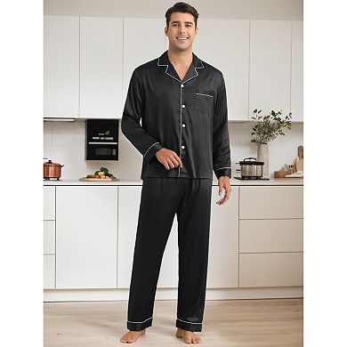 2 Sets Men's Homewear Button Down Long Sleeve Shirt and Bottom Loungewear Satin Pajamas