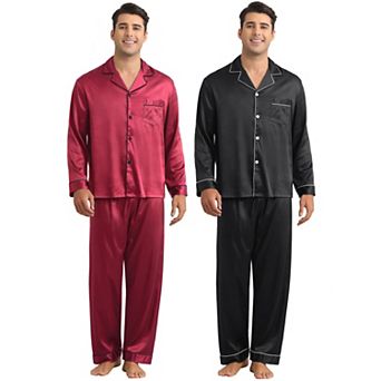 2 Sets Men's Homewear Button Down Long Sleeve Shirt and Bottom Loungewear Satin Pajamas