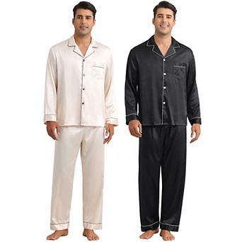 2 Sets Men's Homewear Button Down Long Sleeve Shirt and Bottom Loungewear Satin Pajamas