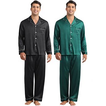 2 Sets Men's Homewear Button Down Long Sleeve Shirt and Bottom Loungewear Satin Pajamas
