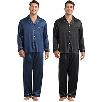 2 Sets Men's Homewear Button Down Long Sleeve Shirt and Bottom Loungewear Satin Pajamas