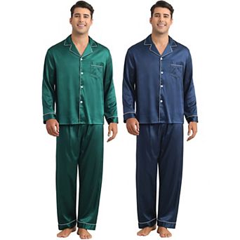 2 Sets Men's Homewear Button Down Long Sleeve Shirt and Bottom Loungewear Satin Pajamas