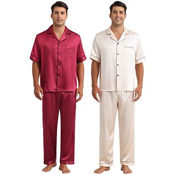 2 Sets Satin Pajamas for Men's Sleepwear Button Down Short Sleeve Shirts and Pants