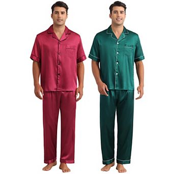 2 Sets Satin Pajamas for Men's Sleepwear Button Down Short Sleeve Shirts and Pants