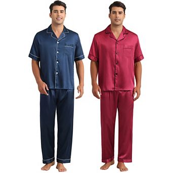 2 Sets Satin Pajamas for Men's Sleepwear Button Down Short Sleeve Shirts and Pants