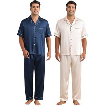 2 Sets Satin Pajamas for Men's Sleepwear Button Down Short Sleeve Shirts and Pants
