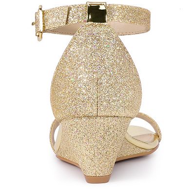 Women's Glitter Open Toe Ankle Strap Wedge Heel Sandals