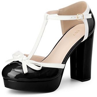 Bow T-Strap Platform Chunky Heel Pumps for Women