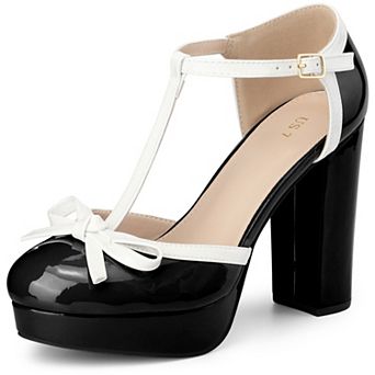 Bow T-Strap Platform Chunky Heel Pumps for Women