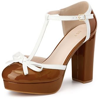 Bow T-Strap Platform Chunky Heel Pumps for Women