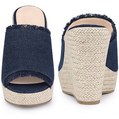 Women's Espadrilles Wedge Open Toe Denim Wedge Blue Jean Shoes Slip on Slide Mules Sandals