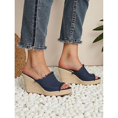 Women's Espadrilles Wedge Open Toe Denim Wedge Blue Jean Shoes Slip on Slide Mules Sandals