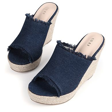 Women's Espadrilles Wedge Open Toe Denim Wedge Blue Jean Shoes Slip on Slide Mules Sandals
