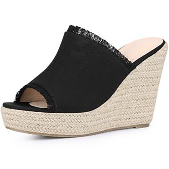 Women's Espadrilles Wedge Open Toe Denim Wedge Blue Jean Shoes Slip on Slide Mules Sandals
